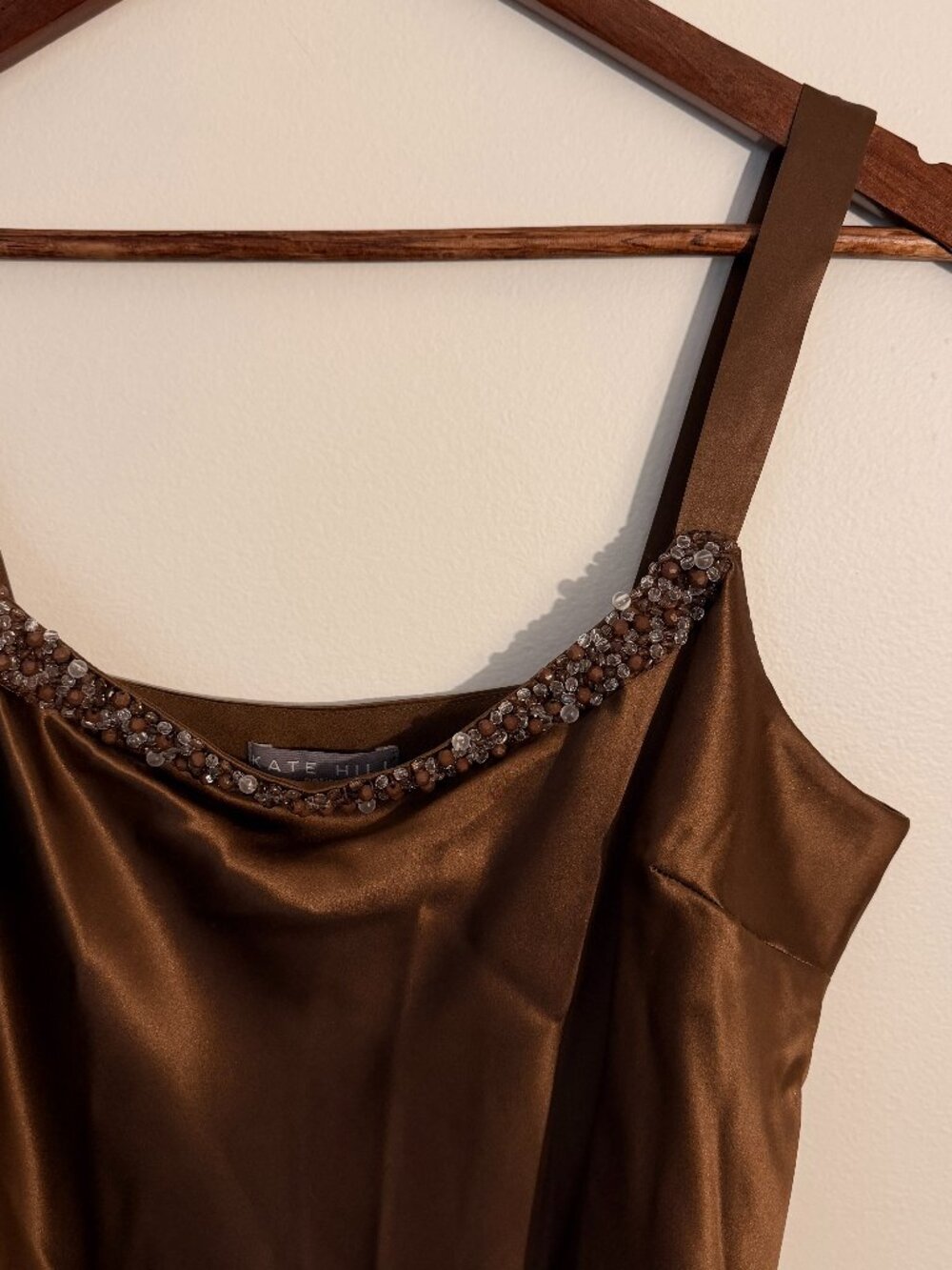 Vintage Y2K Brown Silk Cami with Beaded Detail, Size M (14P)